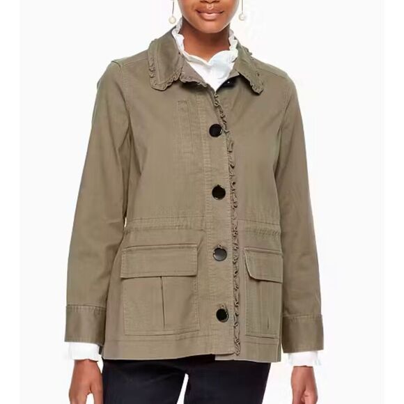 Kate Spade Broome Street Ruffle Trim & Velvet Bow Back Military Button Up Jacket - Picture 1 of 16
